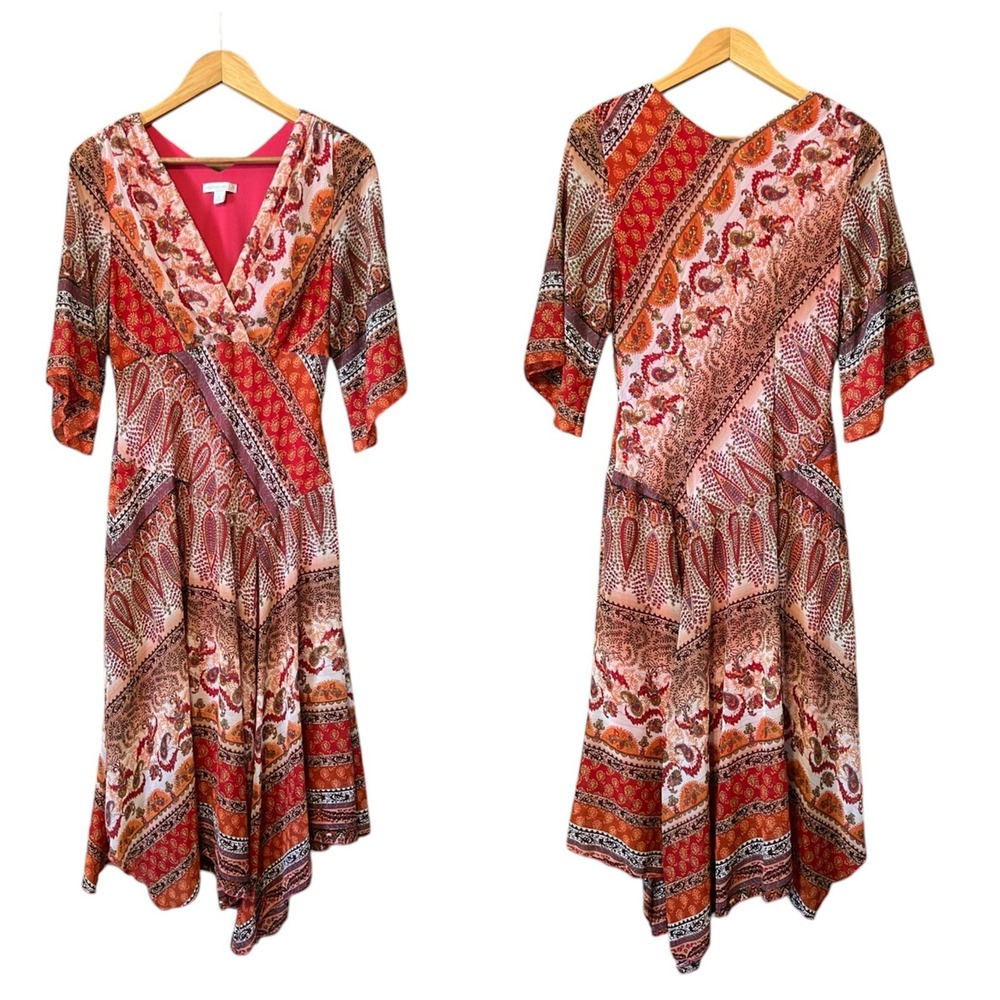 Westport 1962 Boho Paisley Midi Dress Size 8 V Neck Asymmetrical Hem Flowy Boho
